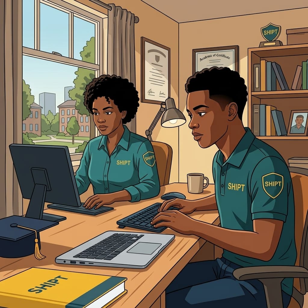 A student and staff member using laptops on campus